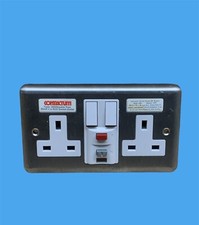 CONTACTUM 4900BSW 2 Gang RCD Socket 30mA Brushed Steel Finish & White Inserts