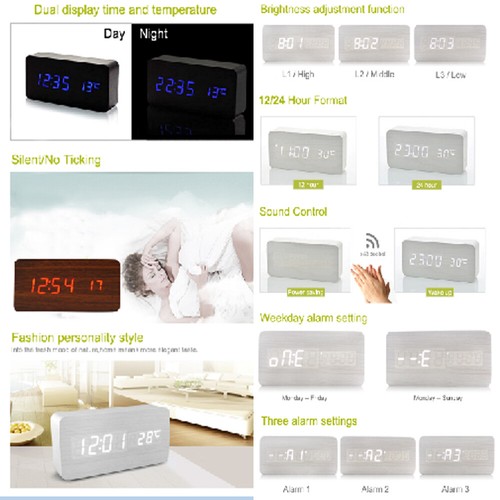 Digital LED Wood Wooden Desk Alarm Clock Timer Thermometer Snooze Voice Control - Picture 8 of 11