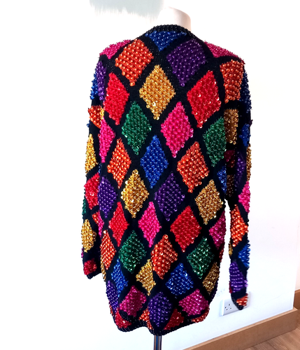 Cardigan donna vintage anni 80/90 oversize folle perline paillettes piccolo festa pazza - Foto 9 di 13