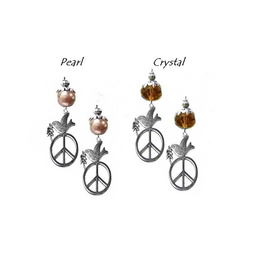 Earrings pearl or crystal drop peace dove charm, choose color and fittings - Picture 9 of 19