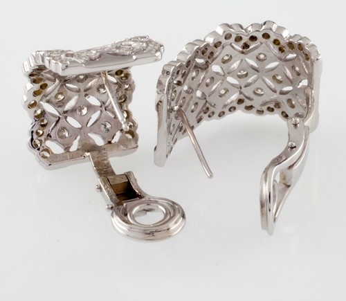 14k White Gold Round Diamond Plaque Huggie Earrings w/ Omega Backs TDW 2.50 ct - Picture 7 of 7