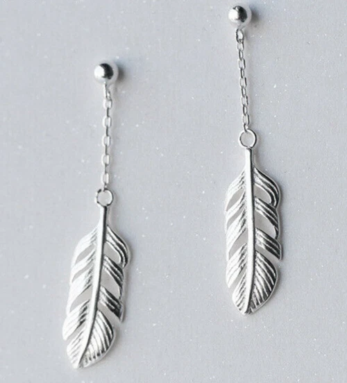 Solid 925 Sterling Silver Feather Drop Dangle Stud Earrings Classic Gift - Image 3 of 4