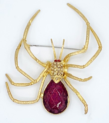 Vintage Halloween Spinne Anstecknadel Brosche riesig Magenta Strass goldfarben - Geschenkbox