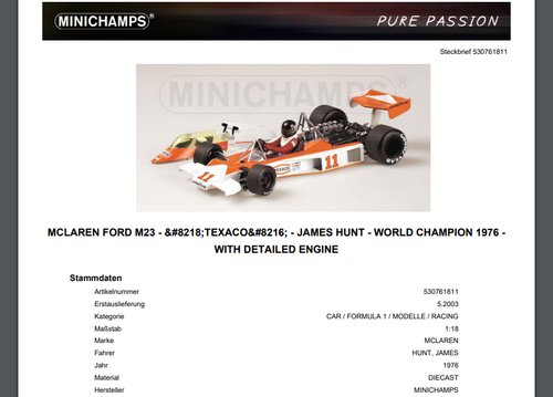 1/18 McLaren Ford M23 James Hunt 1976 World Champion - Picture 6 of 6