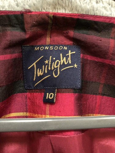 Gonna e giacca vintage Monsoon Twilight 100% seta UK 10/12 set a scacchi rosso - Foto 5 di 15
