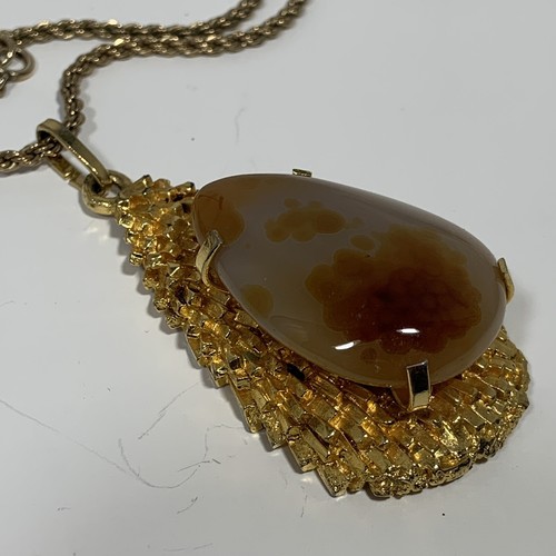 VTG Modernist Teardrop Gold Tone Pendant Necklace 12K GF Chain 18" Agate Stone - Picture 5 of 10