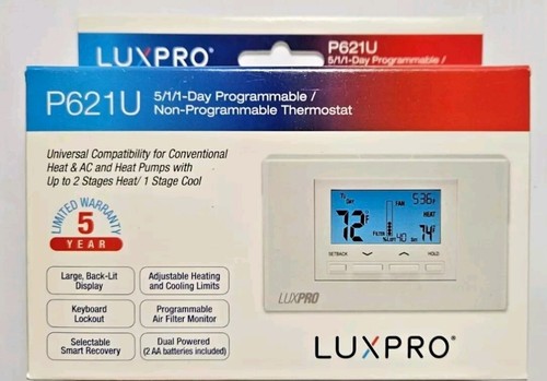 LuxPro P621U Thermostat for Heat & AC and Heat Pumps 2 Stages Heat 1 Stage Cool - Picture 6 of 6