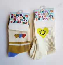 HEART SMILE Crew Socks TWO Pr Rainbow Unicorn Birthday Surprise 7 - 11