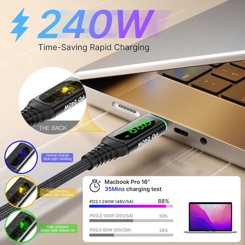 LED PD 240W USB-C Fast Charging Cable Cord for Samsung S25 S24 S23 S22 S21 Ultra - Zdjęcie 3 z 10