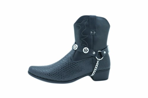 Motard Hommes Ouest Femme Bottes Mode Argent Chaîne Paire Nblack Bretelles - Photo 1 sur 12