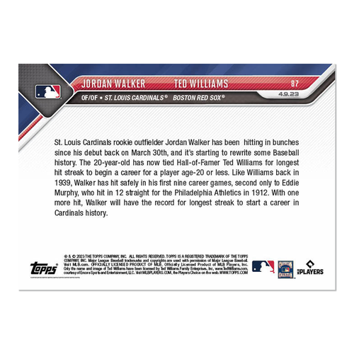 2023 Topps Now #87 Jordan Walker Ties Ted Williams Cardinals Red Sox In Hand - Picture 3 of 3