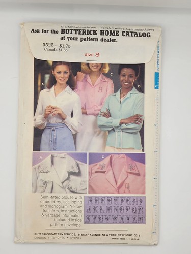 Butterick 5525 Pattern - Vintage Misses Emboidered blouses size 8 FREE SHIPPING - Picture 3 of 5