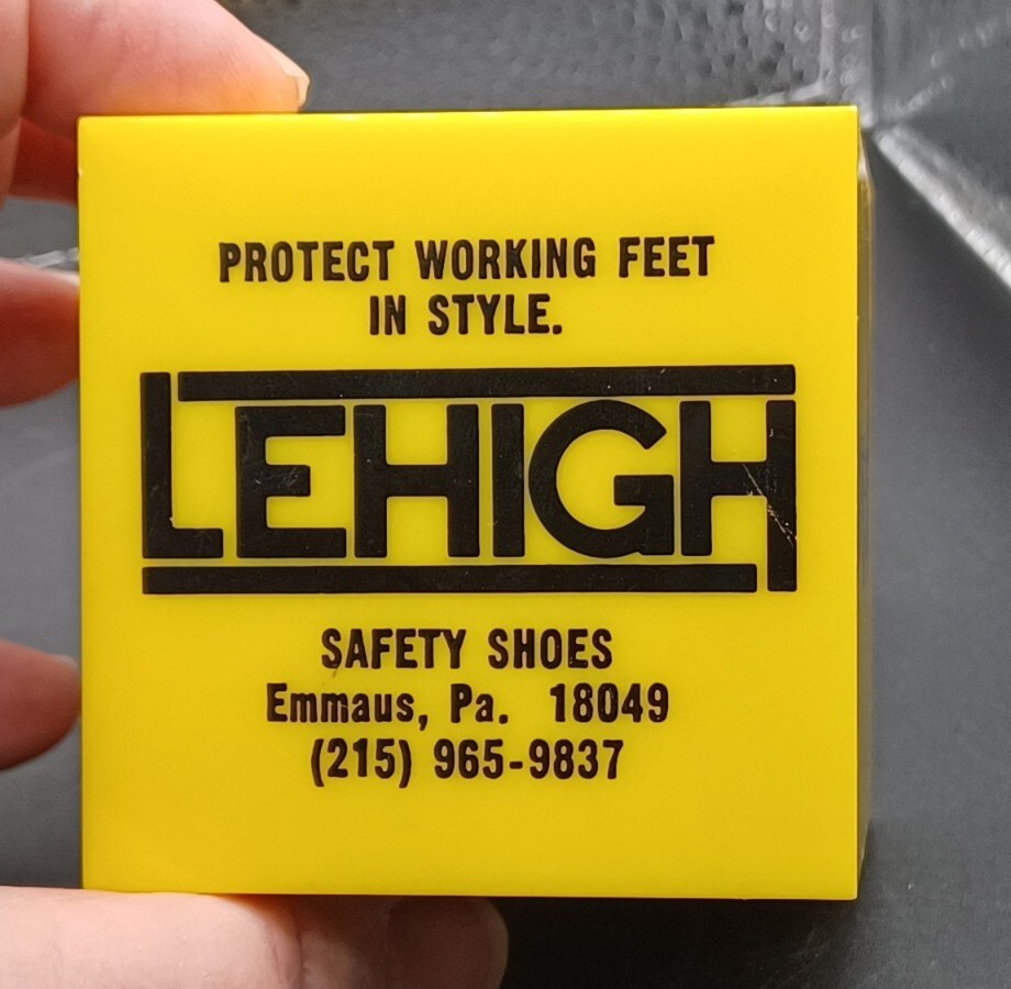 1970's Lehigh Safety Shoe Emmaus Pennsylvania Yellow Square Sand