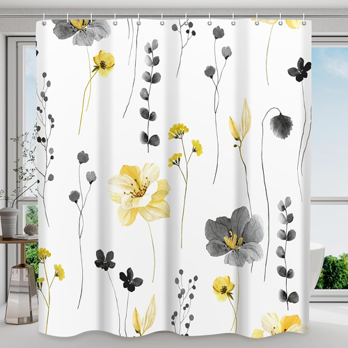 Shower Curtain Watercolor Flower Shower Curtain Sets - Spring Yellow Gray Floral - Picture 8 of 12