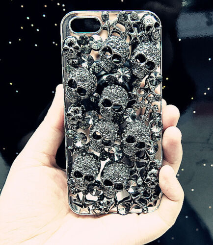 NEW PUNK BLACK GOTH DIAMANTE SKULL SPARKLE CASE COVER FOR IPHONE 8 XR 11 + 12 13 - Picture 1 of 8