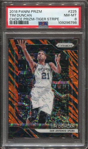 2018 Tim Duncan Panini Prizm Choice Tiger Stripe Prizm #225 Spurs PSA 8