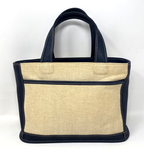 Vintage Coach 6121 Bleeker Satchel Linen Canvas Navy Leather Trim Tote Bag