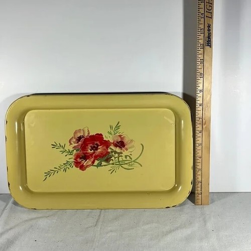 Vintage 1950s MCM Yellow w Floral Design Metal Serving Tray - Picture 1 of 3