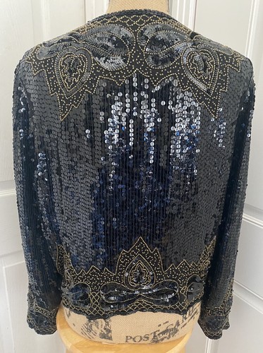 Nite Line Evening Jacket Sequins Beaded Black & Gold 100% Silk Women’s M - Picture 4 of 16
