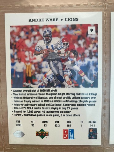 1991 Upper Deck Domino's Pizza Quarterback Challenge LIONS Andre Ware #9 MINT - Bild 2 von 2