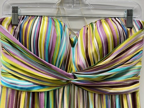 Jessica Simpson Strapless Maxi Dress Colorful Blue Green Pleated Striped Satin - Picture 5 of 10