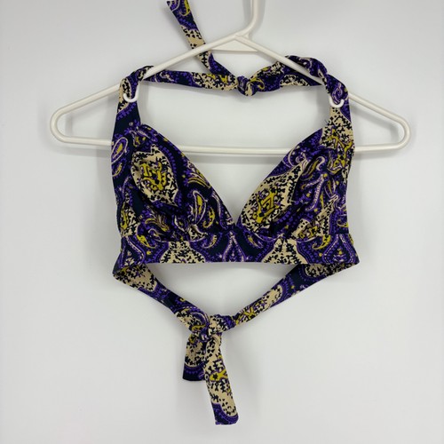 J. Crew Womens Medium Bikini Top Purple Yellow Beige Paisley Halter Ties at Back - Picture 3 of 6