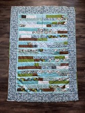 Handmade Quilt Floral Blue Brown Green Colors Throw 65"x 45"
