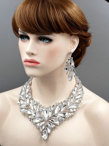 Huge Clear Crystal Necklace Earrings Jewelry Set Women Prom Pageant Silver 4404 - Picture 7 of 8