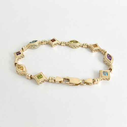 Multicolored Gemstone Chain Link Tennis Bracelet 14K Yellow Gold, 10.61 Grams - Picture 10 of 11
