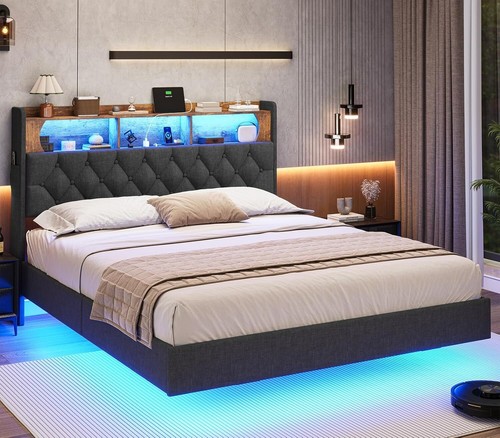 Modern Full Bed – Upholstered Frame with LED & Charging Station - Picture 8 of 12