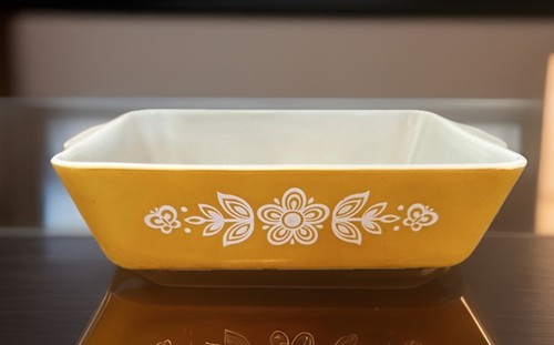 Vintage Pyrex Schmetterling Blume Gold Schale Laib Pfanne Kasserolle 0503 1,5 Quart - Bild 1 von 5