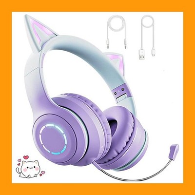 Cute Cat Ear Wireless Bluetooth Headphones with LED Light & Mic, Foldable Unused