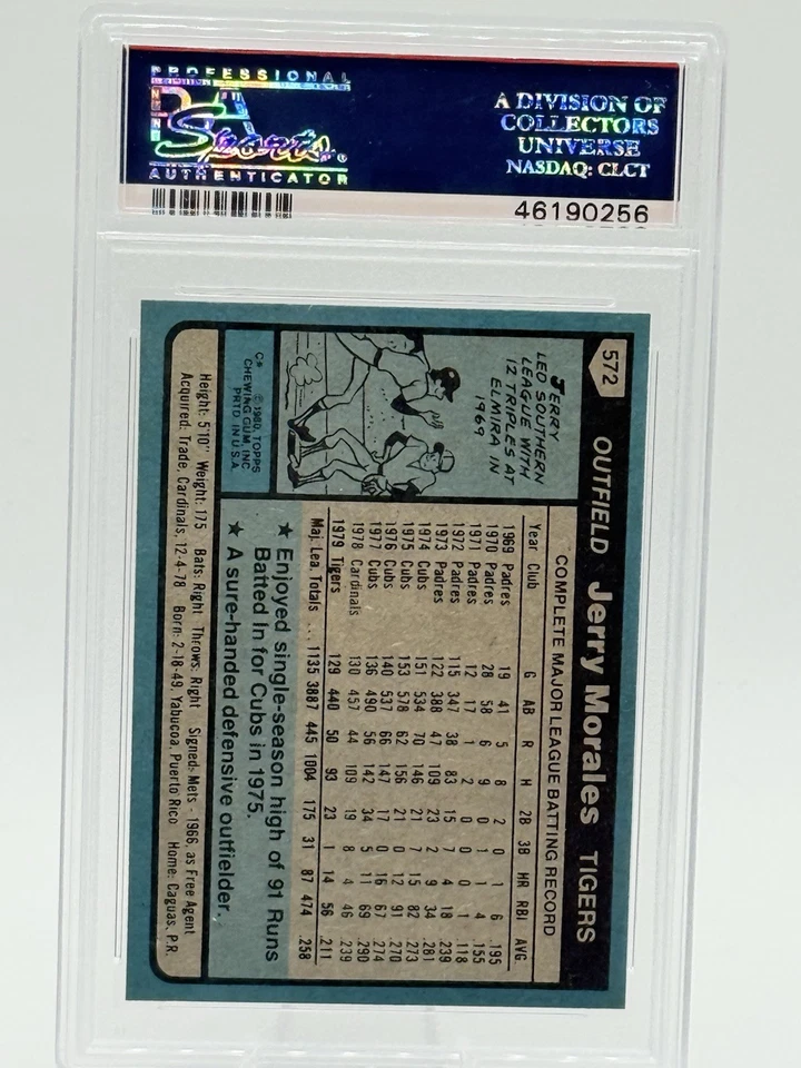 1980 Topps Jerry Morales PSA 10 GEM MINT, #572, Detroit Tigers, Low Pop - Image 3 of 4