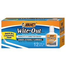 BIC Wite-Out Brand Quick Dry Correction Fluid, 20 ml, White, 12-Count