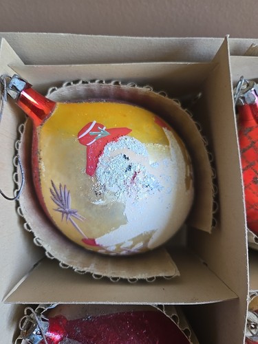 Juego de 6 adornos navideños vintage de vidrio dorado lágrima mica Polonia en caja original - Imagen 3 de 19