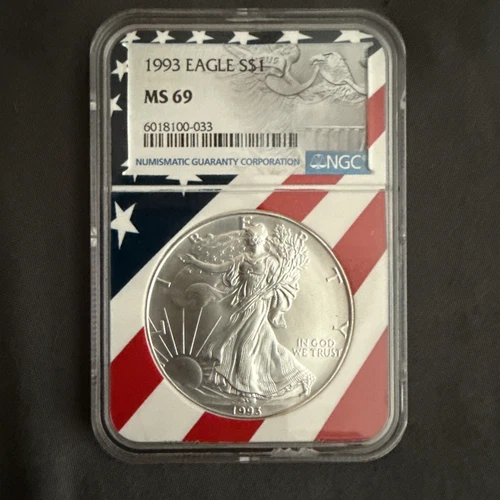 ASE $1 MS69 1993 American Silver Eagle NGC FLAG CORE LOW POP TOP RARE NICE COIN