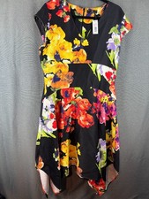 Natori Watercolor Bouquet Midi Dress Size 14 Sharkbite hem black bright floral