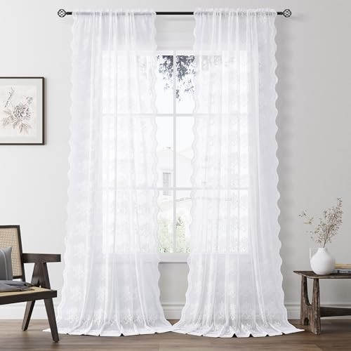 White Sheer Curtains 96 Inches Long 2 Panels Vintage Voile Lace Sheer Floral - Picture 3 of 7