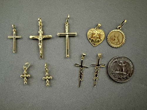 REAL 18k Gold Religious Pendants Charms S-M Cross, Mary-and-son, Heart Pendant - Picture 1 of 25