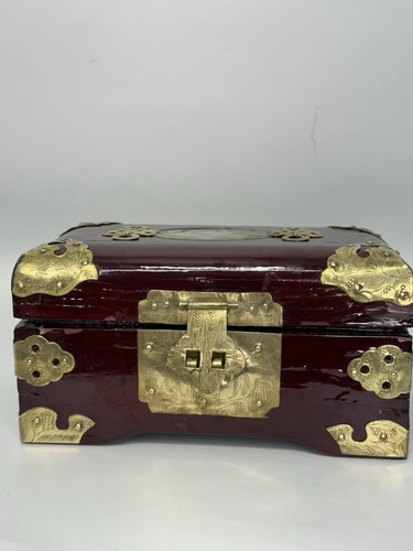 Antique Asian Wooden Jewelry Box With Jade And Brass Accents
