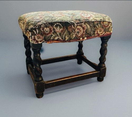 Antiq. Oak Footstool Barley Twist Legs Curved Seat Has Been Tapestry Upholstered