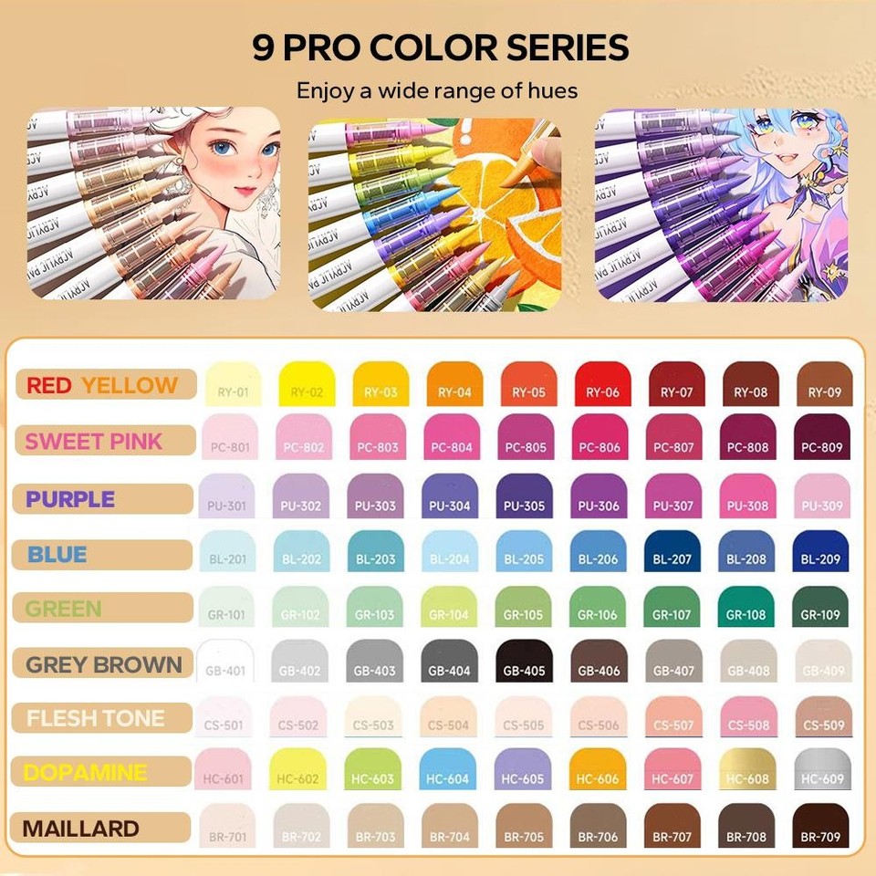 NEW 9pcs Acrylic Brush Markers Set Pro Colors with Auto Ink Control for ...