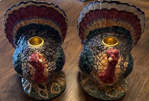 Vtg Pair Hallmark 6” Ceramic Thanksgiving Turkey Multicolor Candlestick Holders - Picture 2 of 17