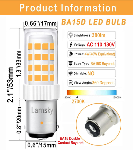 LED BA15D Double Contact Bayonet Base 120 Volts 4W Led Light Bulb,T3/T4/C7/S6,Wa - Picture 2 of 12