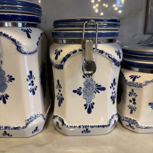 Vintage Graduated Panware Blue & White Fruit Grapes Lidded Kitchen Canister Set - Picture 5 of 24