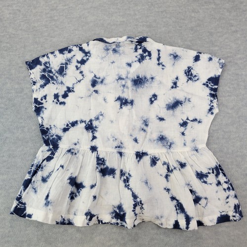 Rachel Zoe Blouse 100% Linen Tie Dye Button Ruffle Hem Blue/White Womens M NWT - Picture 7 of 10