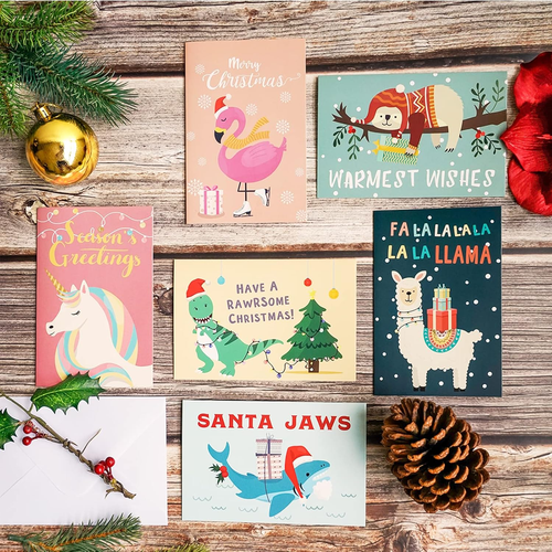 Tarjetas de Navidad con Sobres, 48 Tarjetas de Navidad en Caja, 6 Lindos Animales... - Imagen 6 de 7