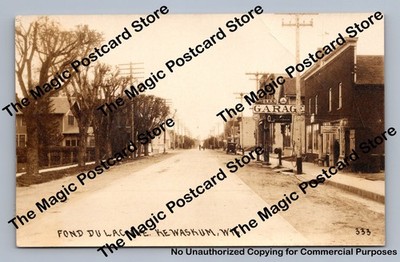 Fond du Lac Ave KEWASKUM Wisconsin RPPC Rex Ford Motor Garage Photo ~1920s