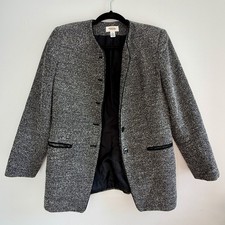 Vtg Talbots Collarless Tweed Blazer 6 Black White Trim Made in USA Dark Academia