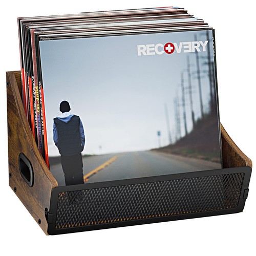 BUZIFU Vinyl Record Storage Box Holder, Metal & Wood, Holds 80 LP Albums